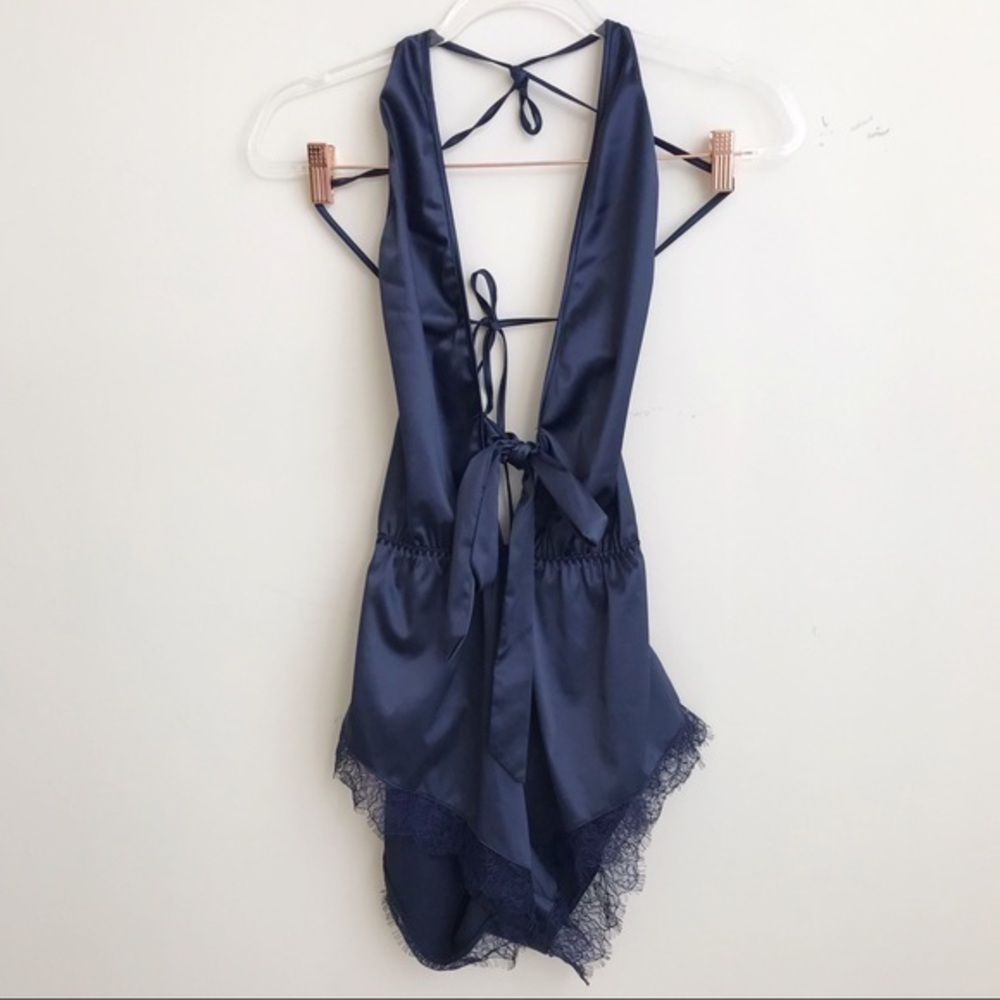 Navy blue lace trim romper / sleep wear